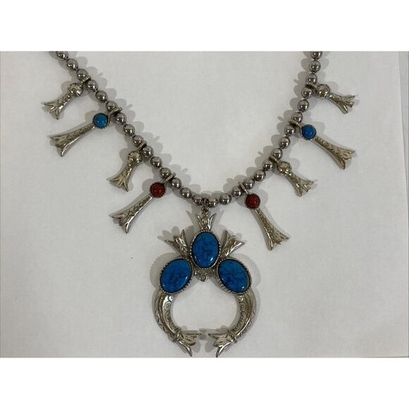 Vtg Arthur Pepper Faux Southwestern Squash Blossom Necklace Silver Turquoise - Picture 1 of 10
